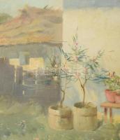 Jelzés nélkül, XX. sz. első fele: Élet az udvaron. Olaj, vászon, kartonon. Kissé sérült. Fakeretben,...