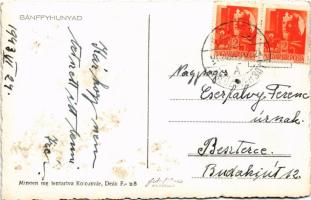 1943 Bánffyhunyad, Huedin; Fő téri részlet télen, Szálloda a Tigrishez, üzletek, automobil / square ...