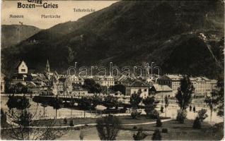 1913 Bolzano, Gries-Bozen (Südtirol); Museum, Pfarrkirche, Talferbrücke, Virgibahn / general view wi...