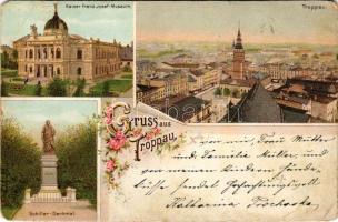 1899 Opava, Troppau; Kaiser Franz Josef-Museum, Schiller-Denkmal / museum, monument, general view. A...