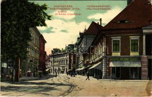 1909 Nagyszeben, Hermannstadt, Sibiu; Nagydisznódi utca, Julius Wermescher üzlete, szálloda / Strada...