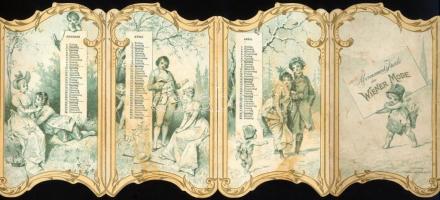 1895 Wiener Mode szétnyitható litho kártyanaptár, szakadással, folttal, 14×45 cm
