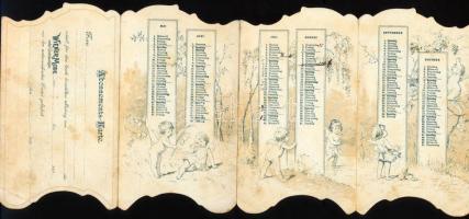 1895 Wiener Mode szétnyitható litho kártyanaptár, szakadással, folttal, 14×45 cm