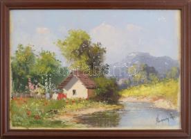 Neogrády A jelzéssel: Napsütötte tanya. Olaj, vászon, kartonon. Fakeretben, 20×29,5 cm