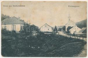 1917 Gura-Putnei, Karlsberg, Putna (Bukovina, Bucovina, Bukowina); Kirchengasse / street view, churc...
