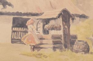 Z Zalán E jelzéssel (XX. sz.): Lány a kútnál. Akvarell, papír. Üvegezett fakeretben, 33×50 cm