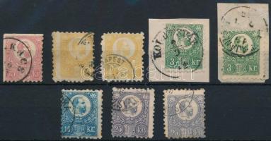 1871 Kőnyomat 5kr 2 oldalon ollóval vágva + 7 db Réznyomat bélyeg közte 2 db 3kr kivágás