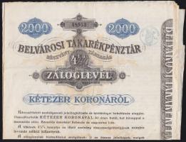 1910. "Belvárosi Takarékpénztár Részvénytársaság" záloglevele 2000K-ról, szelvényekkel