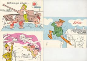 Jelentem kiskatona lettem - 12 db modern katonai humor képeslap sorozat saját tokjában, rajzolta Pus...