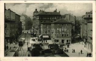 1913 Fiume, Rijeka; Piazza Elisabetta / Erzsébet tér, villamos, Café Adria kávéház / square, tram, c...