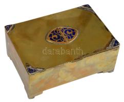 Szecessziós réz ékszeres doboz, zománcozott mintával, jelzett, 10,5x15 cm