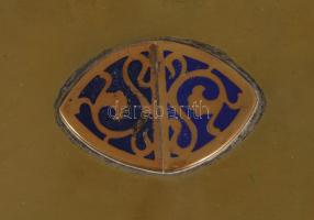 Szecessziós réz ékszeres doboz, zománcozott mintával, jelzett, 10,5x15 cm