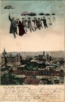 1905 Teplice, Teplitz-Schönau; Ein Ausflug nach Teplitz / general view with synagogue. Montage with ...