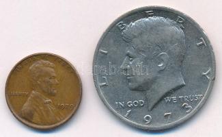 Amerikai Egyesült Államok 1929. 1c bronz "Lincoln" + 1973. 1/2$ Cu-Ni "Kennedy" ...