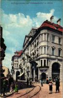 1911 Bolzano, Bozen (Südtirol); Defreggerstrasse mit Colonnadenhof / street view, tram (fl)