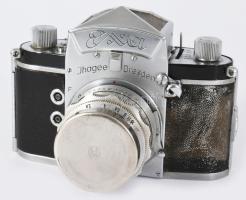Exa Jhagee Dresden márkájú fényképezőgép, Carl Zeiss Jena 2,8/50 objektívvel, kopott bőr tokban
