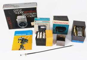 Doboznyi fényképezés tétel, közgyűrű, fénymérő, vaku, színszűrők, stb