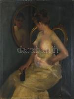 Pap Emil (1884-1955): Női akt tükörben. Olaj, vászon. Jelezve jobbra lent. Apró felületi sérüléssel....