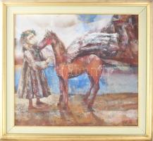 Kádár János Miklós (1939-): Költő lovával. Olaj, farost, jelezve jobbra lent. Dekoratív fakeretben. ...