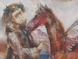 Kádár János Miklós (1939-): Költő lovával. Olaj, farost, jelezve jobbra lent. Dekoratív fakeretben. ...