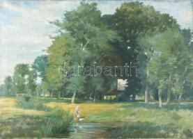 Igmándy-Schranz Emil (1906-1987): Táj női alakkal, 1952. Olaj, vászon, jelezve jobbra lent. 50×70 cm