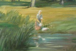Igmándy-Schranz Emil (1906-1987): Táj női alakkal, 1952. Olaj, vászon, jelezve jobbra lent. 50×70 cm