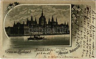 1898 Budapest V. Országház, Parlament, gőzhajó. Art Nouveau, floral, litho (EK)