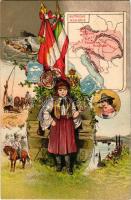 Autriche, Hongrie / Osztrák-Magyar Monarchia térképe. Szecessziós képeslap zászlókkal, címerrel, kat...