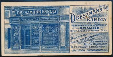 cca 1900 Dreszmann Károly Első Magyar Beretva Köszörülde Bp. Erzsébet körút számolócédula, hajtásnyo...