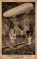 1916 Ein Zeppelin-Kreuzer bombardiert in der Nacht eine englische Stadt / WWI German military art po...