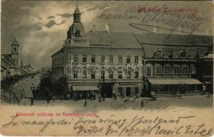 1900 Kolozsvár, Cluj; Főtér este holdfényben, Központi szálloda, Belmagyar utca, Medgyesy és Nyegrut...
