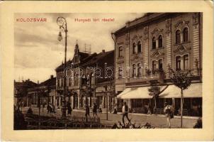 1913 Kolozsvár, Cluj; Hunyadi téri részlet, étterem, üzletek. Ujhelyi és Boros kiadása / square, sho...