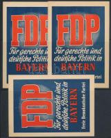 3 db FDP (Freie Demokratische Partei) német politikai propaganda címke, 15x10,5 cm
