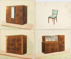 cca 1930-1940 össz. 8 db bútorterv rajz. Akvarell, ceruza, papír, egyiken Vértessy jelzéssel és Gyen...