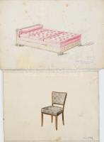 cca 1930-1940 össz. 8 db bútorterv rajz. Akvarell, ceruza, papír, egyiken Vértessy jelzéssel és Gyen...