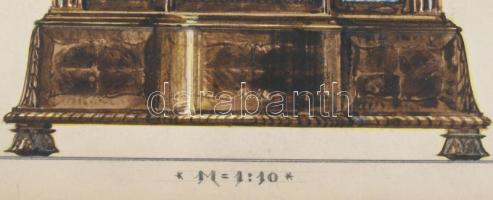 cca 1900-1940 Historizáló diófa bútor tervrajza. Akvarell, ceruza, karton, m 1:10, jelzés nélkül, je...