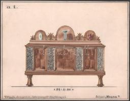 cca 1900-1940 Historizáló tölgyfa bútor tervrajza. Akvarell, ceruza, karton, m 1:10, jelzés nélkül, ...