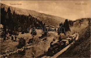 1913 Tusnádfürdő, Baile Tusnad; Olt-menti részlet, gőzmozdony. Brunner Lajos kiadása / view, locomot...