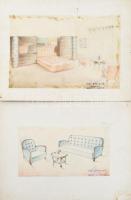 cca 1920-40 össz. 7 db db enteriőr- és bútorterv, részben art deco lakberendezéssel. Akvarell, ceruz...
