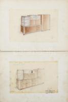 cca 1920-40 össz. 7 db db enteriőr- és bútorterv, részben art deco lakberendezéssel. Akvarell, ceruz...