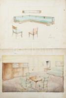 cca 1920-40 össz. 7 db db enteriőr- és bútorterv, részben art deco lakberendezéssel. Akvarell, ceruz...