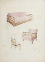 cca 1920-40 össz. 7 db db enteriőr- és bútorterv, részben art deco lakberendezéssel. Akvarell, ceruz...