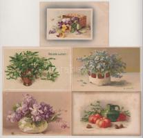5 db RÉGI üdvözlő képeslap, közte lithok / 5 pre-1945 motive greeting postcards, with lithos