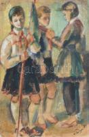 Bányai (?) jelzéssel, 2 db rajz: Úttörők. Akvarell, papír. Egyiken lapszéli szakadásokkal. 33x29 és ...