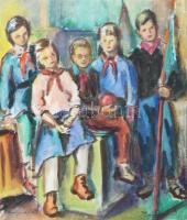 Bányai (?) jelzéssel, 2 db rajz: Úttörők. Akvarell, papír. Egyiken lapszéli szakadásokkal. 33x29 és ...