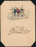1897 Üdvözlőkártya háromszemélyes tandemkerékpárral, kézzel színezett fametszet, hátoldalon karácson...