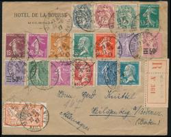 1927 Ajánlott levél 18 bélyeges bérmentesítéssel, részben német vasútpostán szállítva "MULHOUSE...