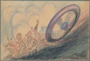 Jelzés nélkül, feltehetően 1920-30 körül: alakok és kerék domboldalon. Ceruza, papír. Lap teteje pap...