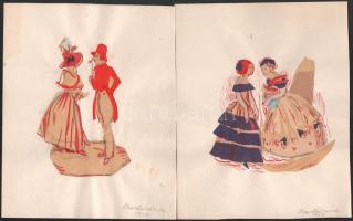 Barta Mária (1897-1969): össz. 3 db jelmezterv, 1927. Vegyes technika, kollázs, papír, 2 db jelzett,...