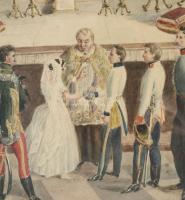 1841 Báró Üchritz Emil és báró Amade Dominika esküvőjét megörökítő akvarell kép, üvegezett keretben,...